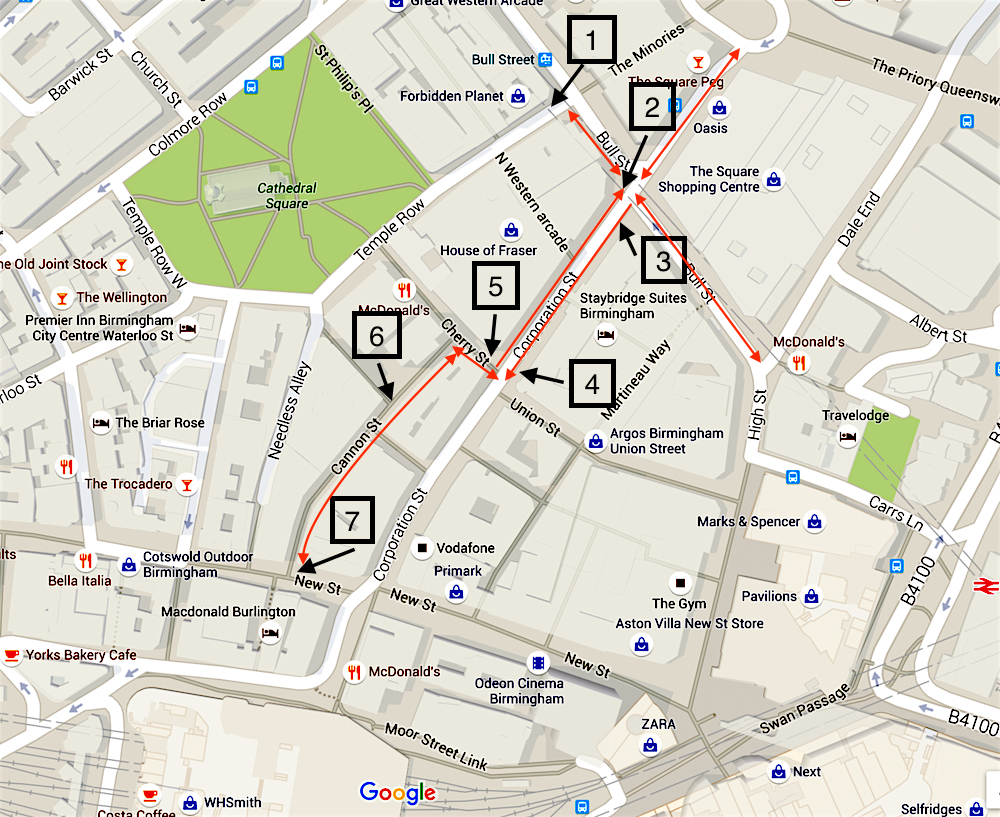 Map of the cycle route along Corporation Street