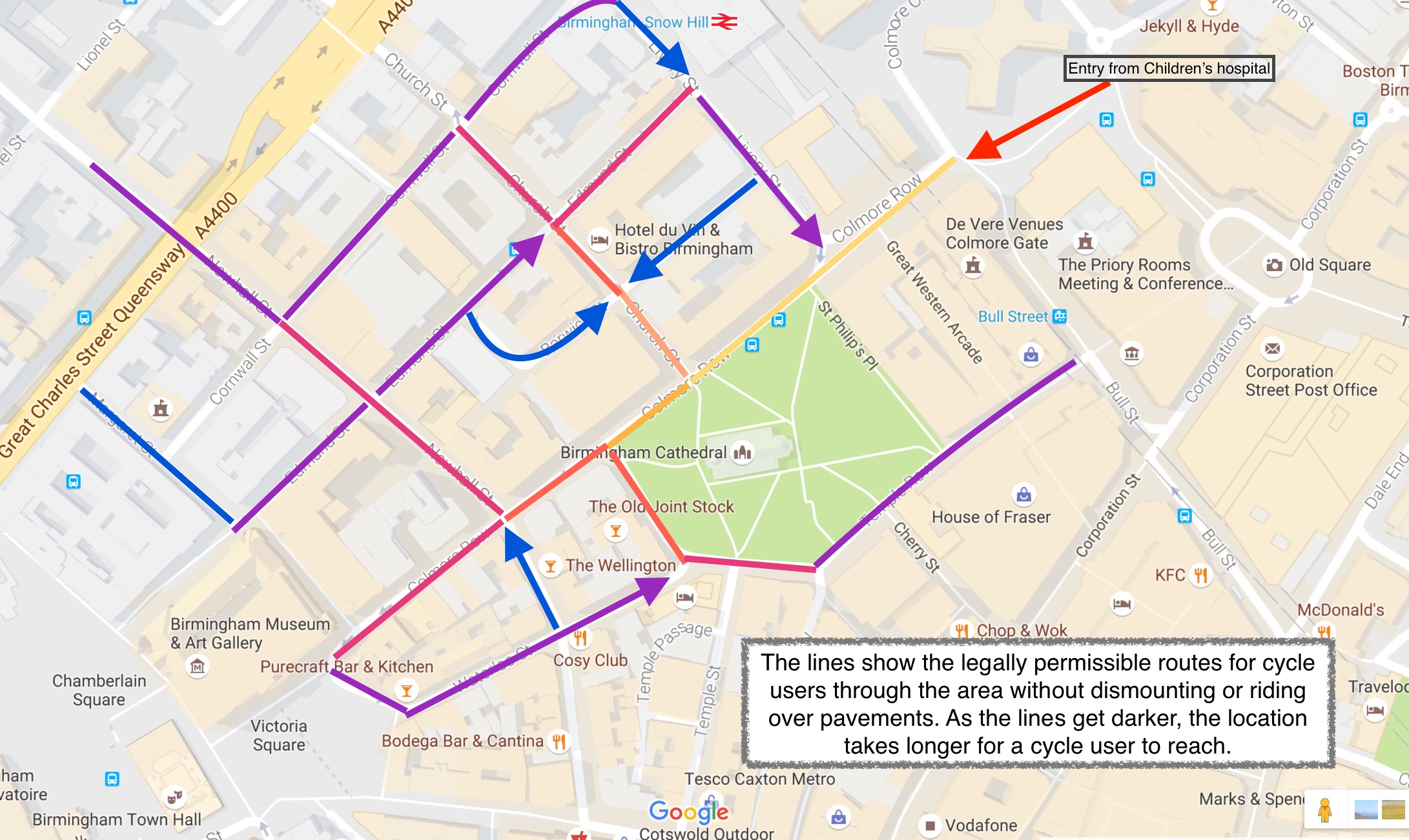 Cycle routes when approaching Colmore Row from the Children's Hospital