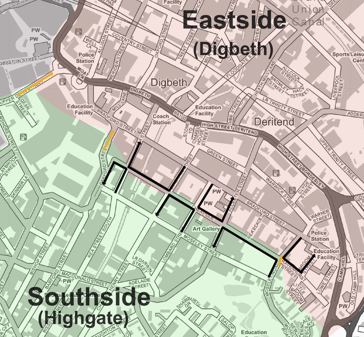 Map showing the boundary between East Side and South Side.