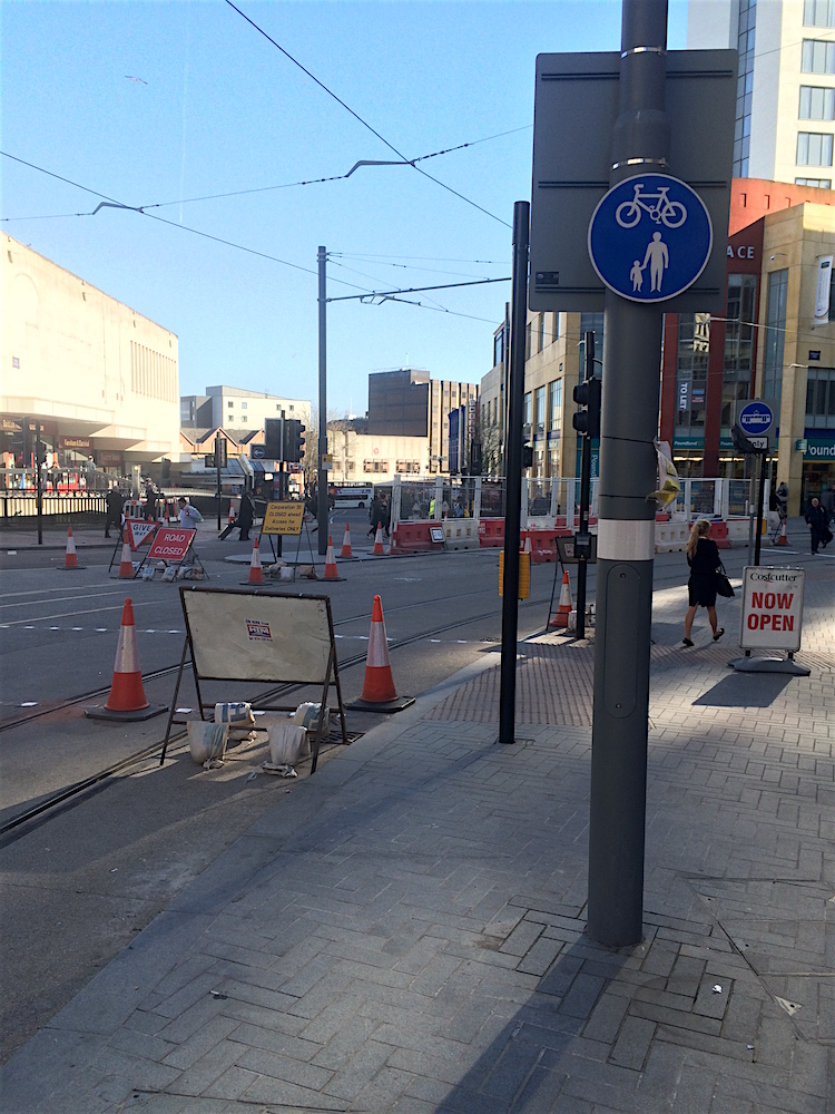Shared use sign at the Corporation Street & Bull Street crossroads