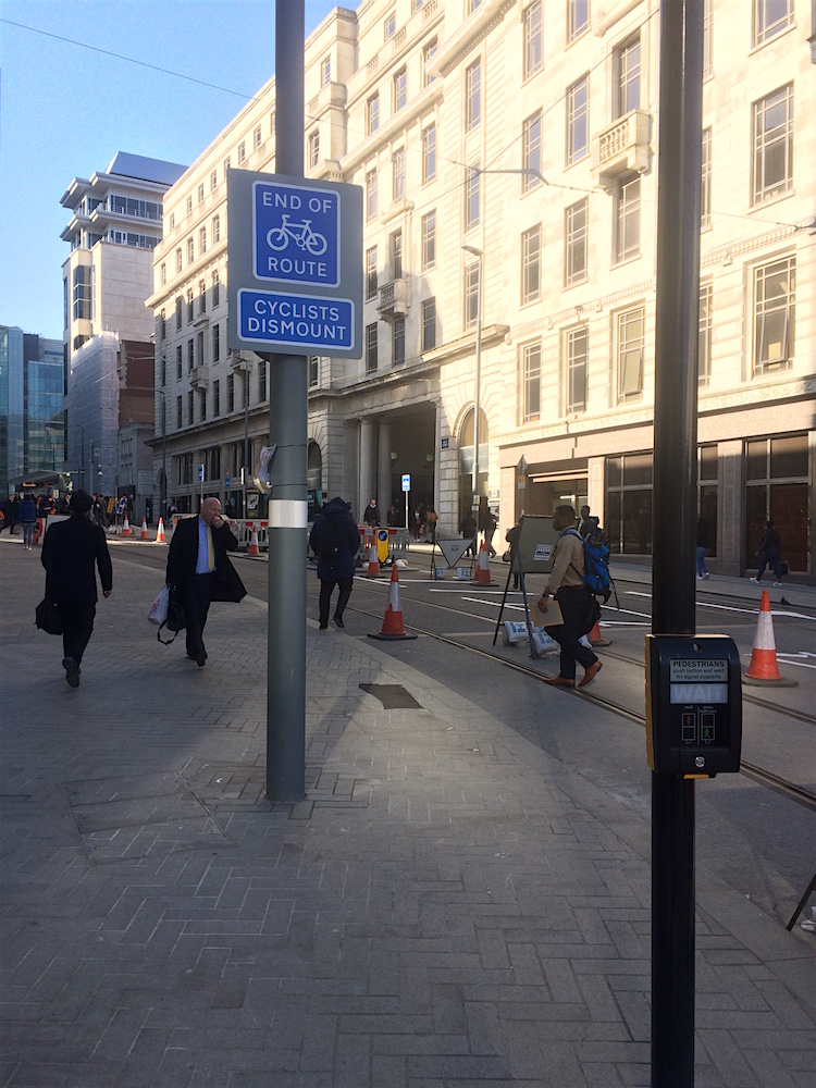 End of cycle route sign on Bull Street