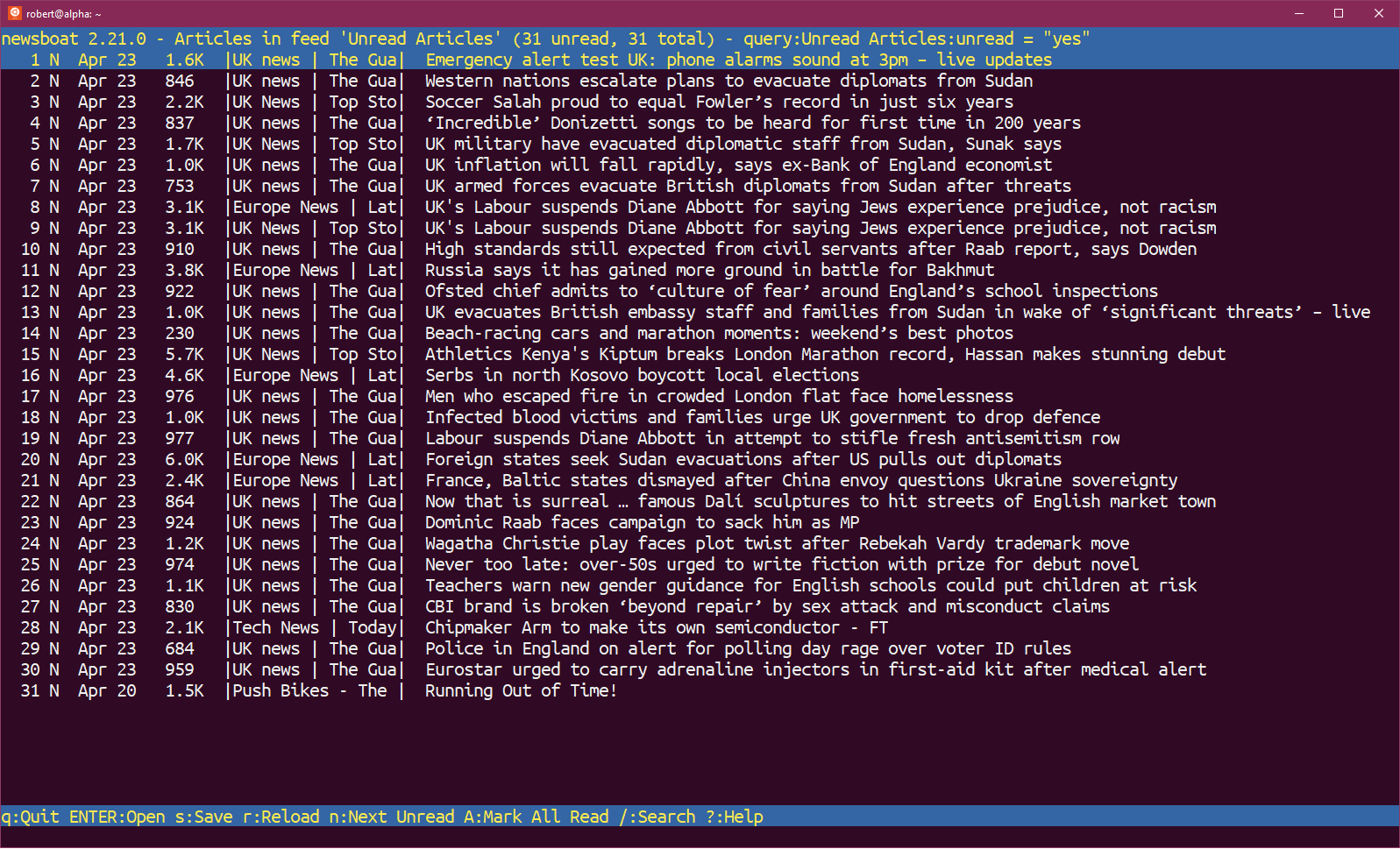 Newsboat RSS Unread News Aggregation