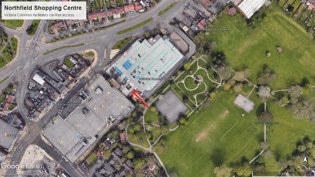 Northfield Shopping Centre aerial view, showing the distance to the park Northfield Shopping Centre aerial view, showing the distance to the park