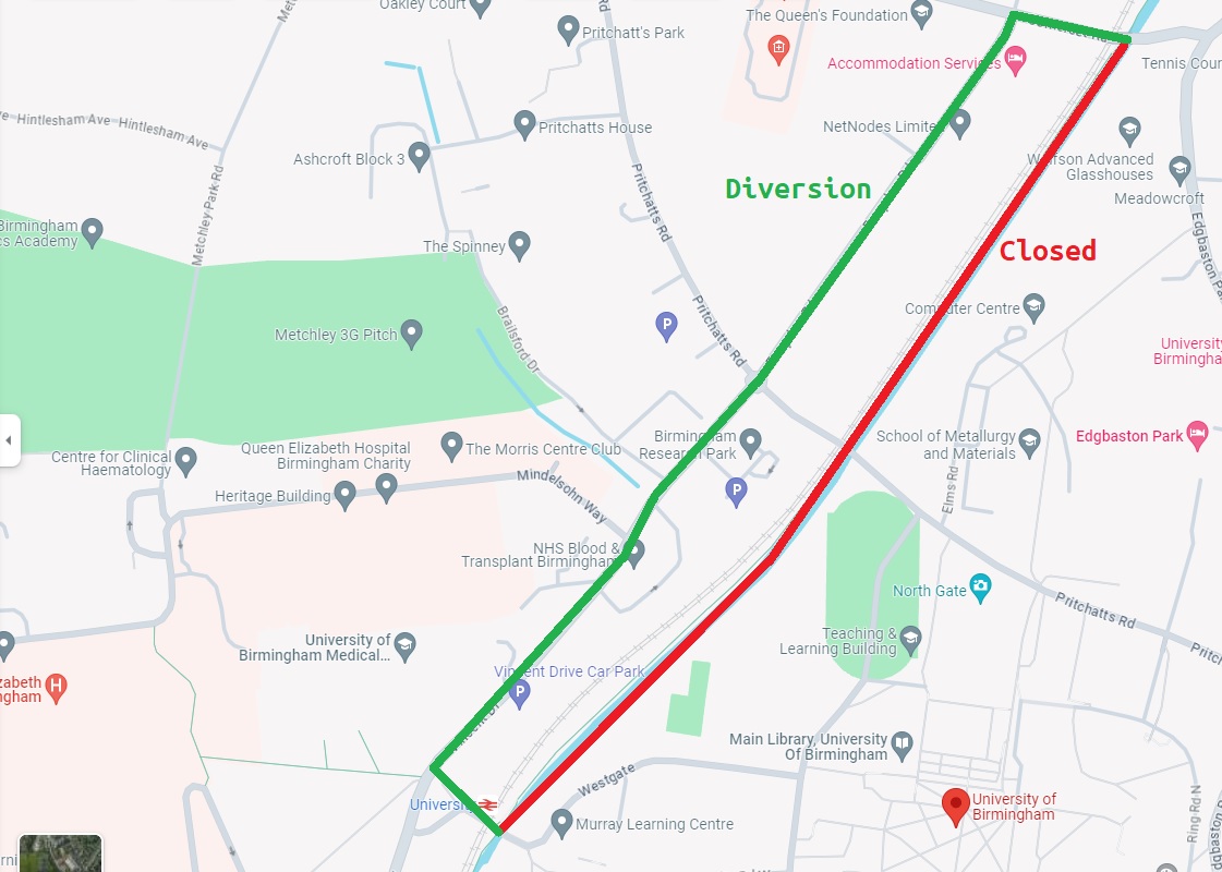 Map showing University station towpath closure and diversion