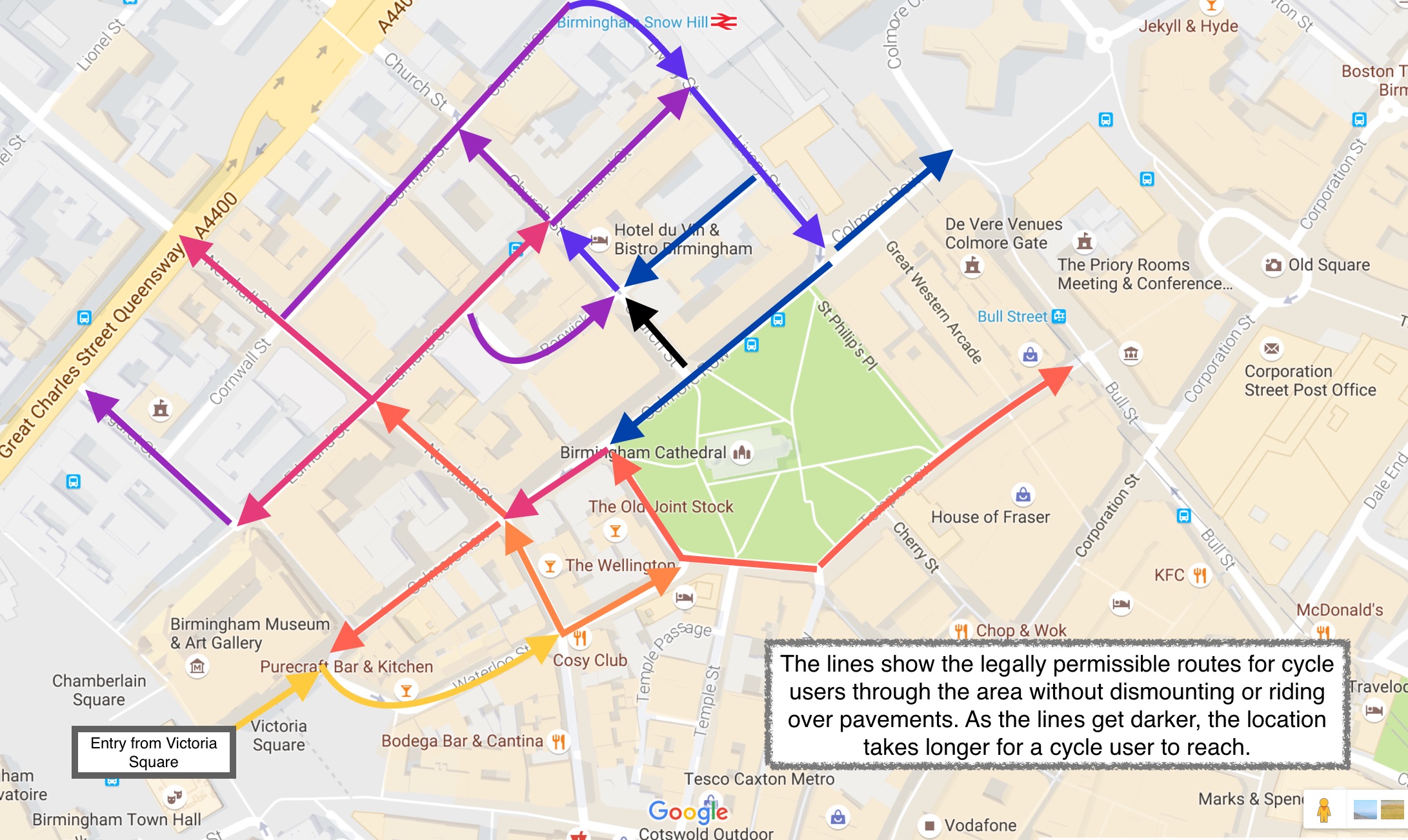 Cycle routes around Colmore Row from Victoria Square.