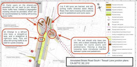 This shows the proposed changes to the Bristol Road South and Tessall Lane junction.