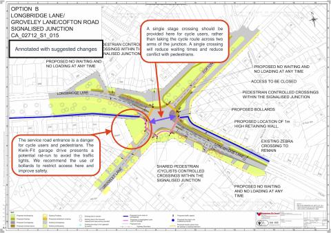 This annotated diagram shows the proposals for the junction of Longbridge Lane and Cofton Road.