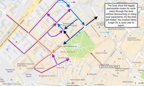 Cycle routes around Colmore Row approaching from Cherry Street