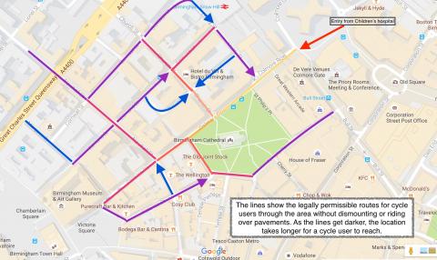 Cycle routes when approaching Colmore Row from the Children's Hospital