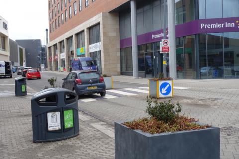 Blue Shared Space zebra crossing in Longbridge