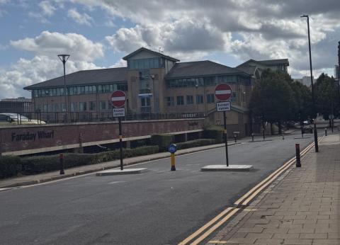 The experimental modal filter at the junction of Holt Street and Lister Street, in Birmingham city centre.