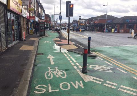 A pedestrian island for a signalised crossing.