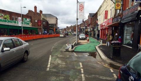 A view of the new and old cycle lanes on the Curry Mile