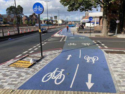 Cycle track at the Canterbury Road junction entering Perry Barr local centre.
