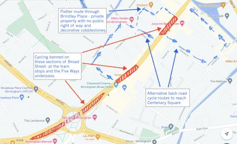 Map showing where BCC propose to ban cycling on Broad Street.
