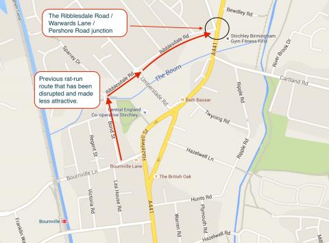 The location of the rat-run along Ribblesdale Road that has been blocked.