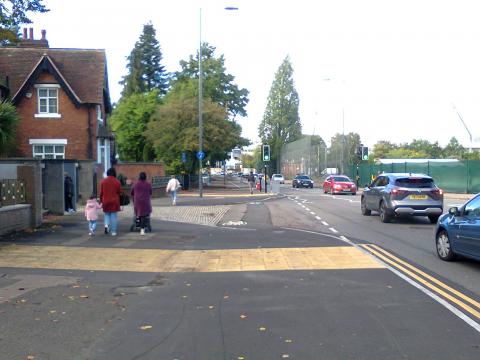 The entrance to Cannon Hill Park, showing the toucan crossing for the old NCN 5 route, and the new cycle track extension to Bristol Road.