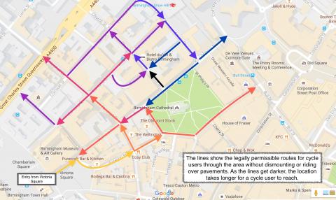 Cycle routes around Colmore Row from Victoria Square.