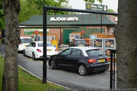Cars queuing at a McDonald's drive-thru in Nottinghamshire.