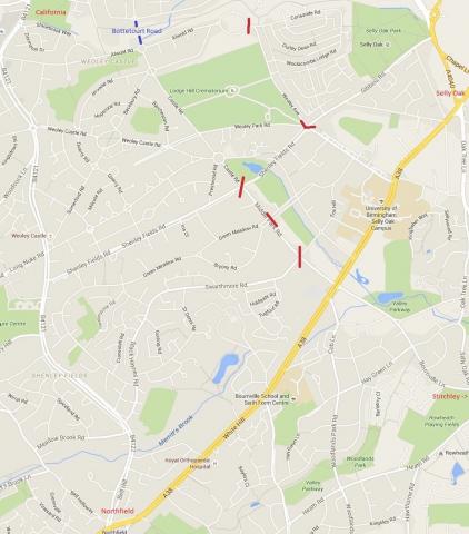 Suggested changes in Weoley Castle to quieten the roads