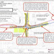 An annotated plan showing the junction of Longbridge Lane and Turves Green