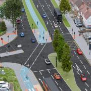 A visualisation of the Great Stone Road junction with Bristol Road showing a new cycle track.
