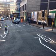 The entry to the contra flow cycle lane on Hill Street