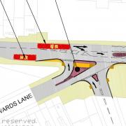 A plan of the initial proposals for the Warwards Lane Pershore Road junction.