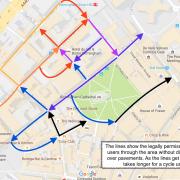 Cycle routes around Colmore Row as you approach from Newhall Street