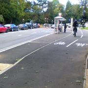 Cycle track bypassing a bus stop on Priory Road