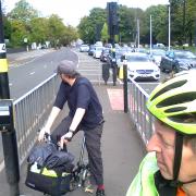 Staggered toucan crossing on Bristol Road joining the A38 cycle track with the spur to Cannon Hill Park.