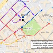 Cycle routes around Colmore Row from Victoria Square.