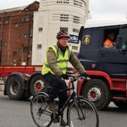 Cycle users next to lorry