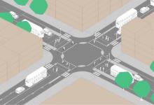 Image of crossroads with segregated cycle lanes allowing cycles and pedestrians to cross at the same time (Brian Deegan)